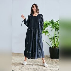 Rujuta Sheth Black Embroidered Silk Cotton Blend Flowy Midi Tanya Dress